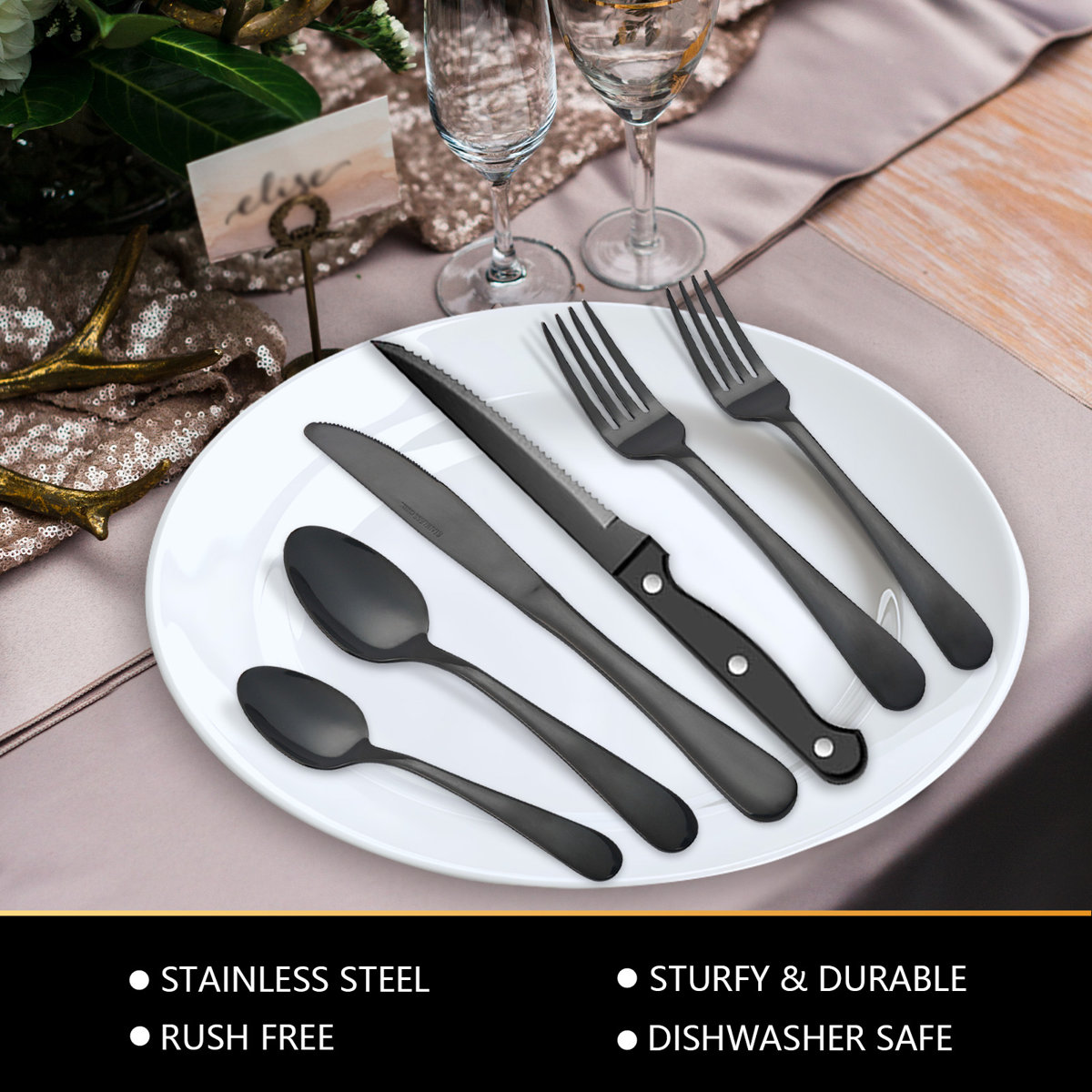 48-piece, 430 Stainless Steel, flatware Set, service For 8, knives, forks, spoons, steak Knives, salad Forks, teaspoons, cutlery Set, silverware, heavy Duty, rustproof